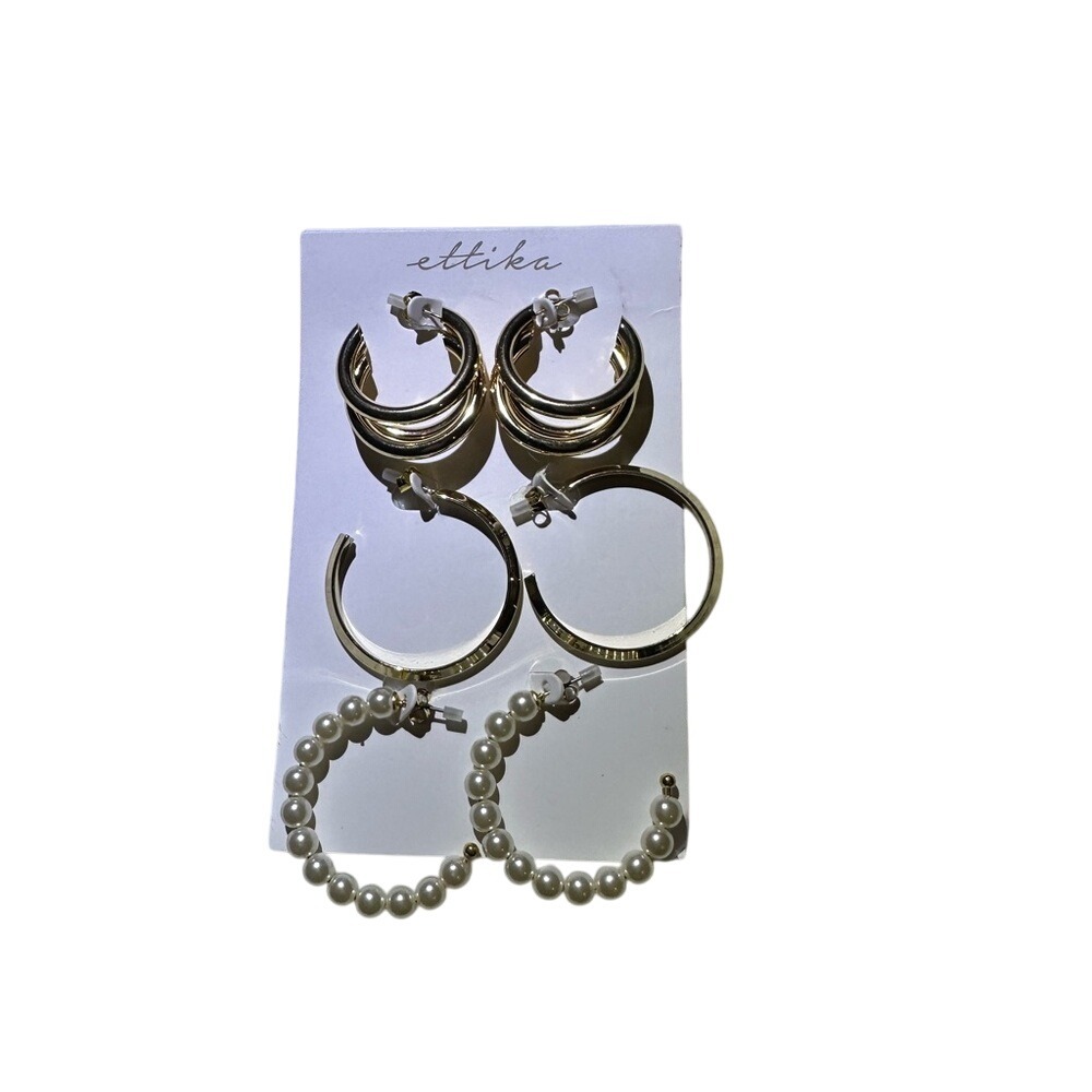 Ettika Hoop Earring Set of 3 Gold Tone Triple Pearl Dangle Modern Minimalist